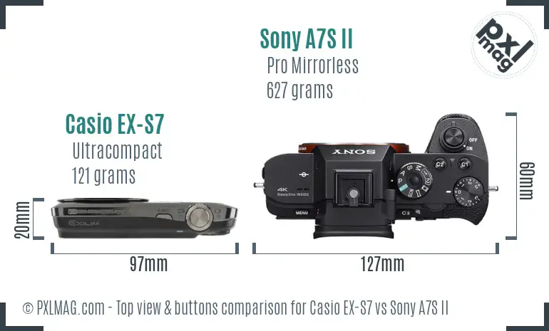 Casio EX-S7 vs Sony A7S II top view buttons comparison