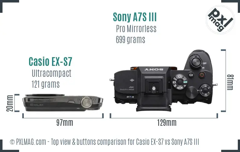 Casio EX-S7 vs Sony A7S III top view buttons comparison