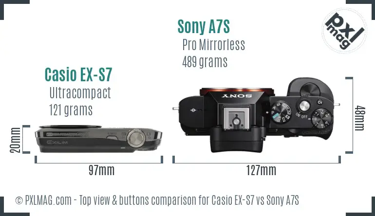 Casio EX-S7 vs Sony A7S top view buttons comparison