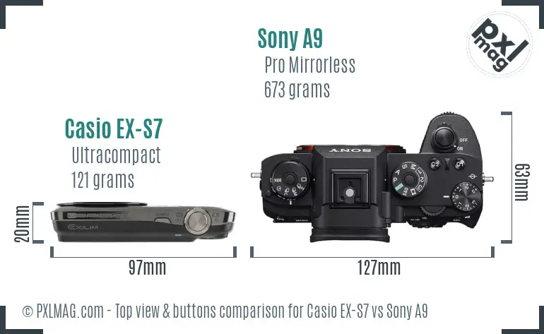 Casio EX-S7 vs Sony A9 top view buttons comparison