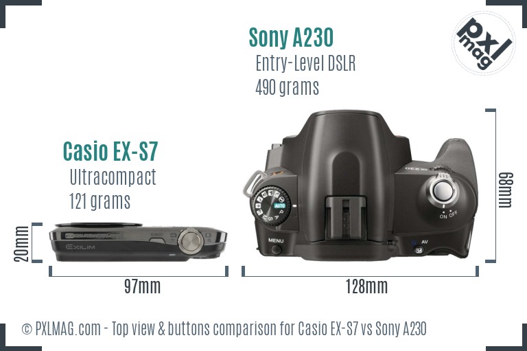 Casio EX-S7 vs Sony A230 top view buttons comparison
