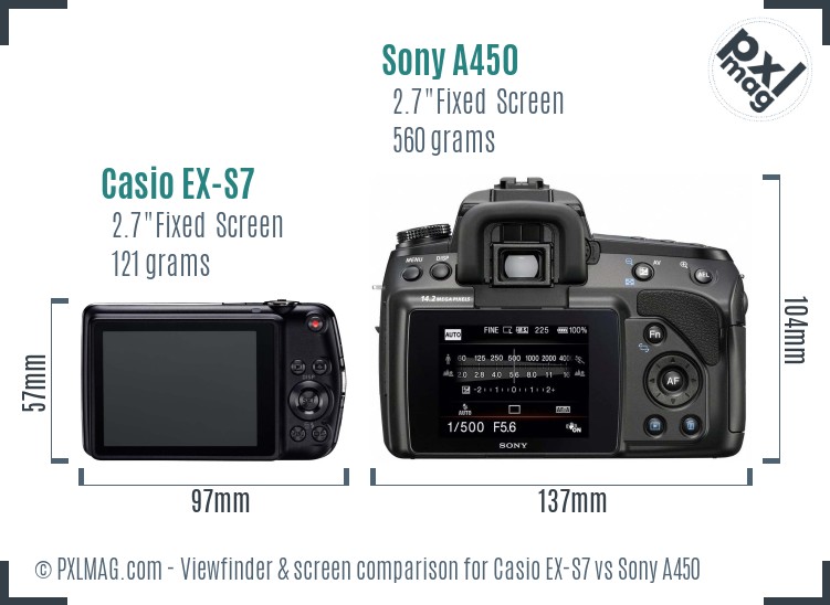 Casio EX-S7 vs Sony A450 Screen and Viewfinder comparison