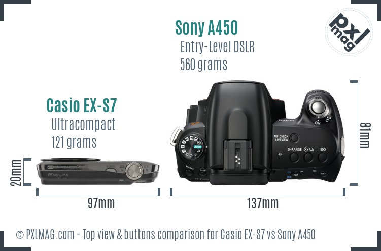 Casio EX-S7 vs Sony A450 top view buttons comparison