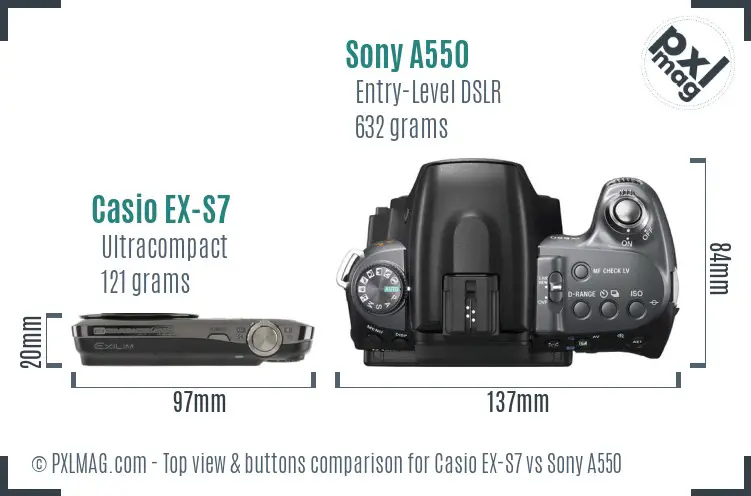 Casio EX-S7 vs Sony A550 top view buttons comparison