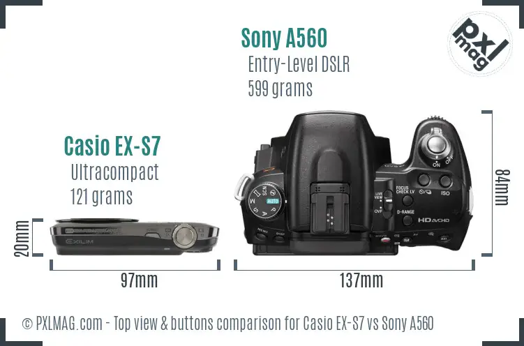 Casio EX-S7 vs Sony A560 top view buttons comparison Casio EX-S7 vs Sony A560 top view buttons comparison