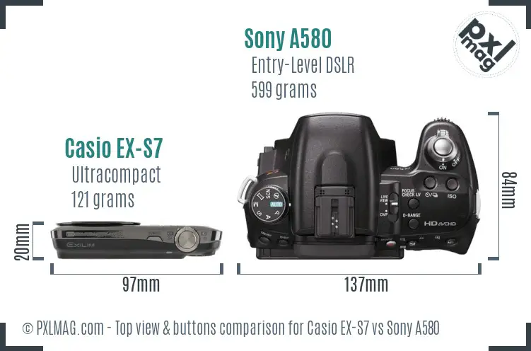 Casio EX-S7 vs Sony A580 top view buttons comparison