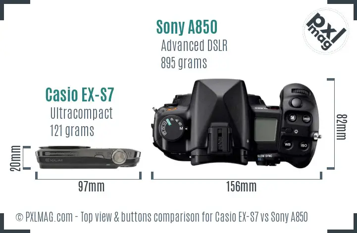 Casio EX-S7 vs Sony A850 top view buttons comparison