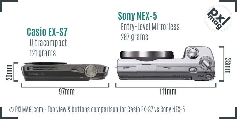 Casio EX-S7 vs Sony NEX-5 top view buttons comparison