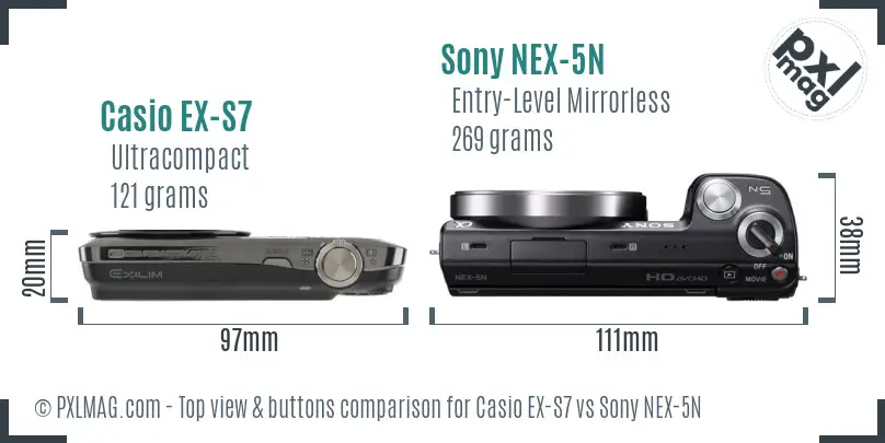 Casio EX-S7 vs Sony NEX-5N top view buttons comparison