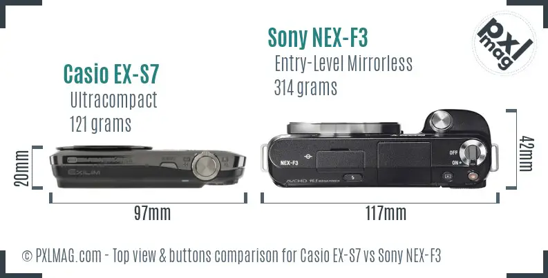 Casio EX-S7 vs Sony NEX-F3 top view buttons comparison
