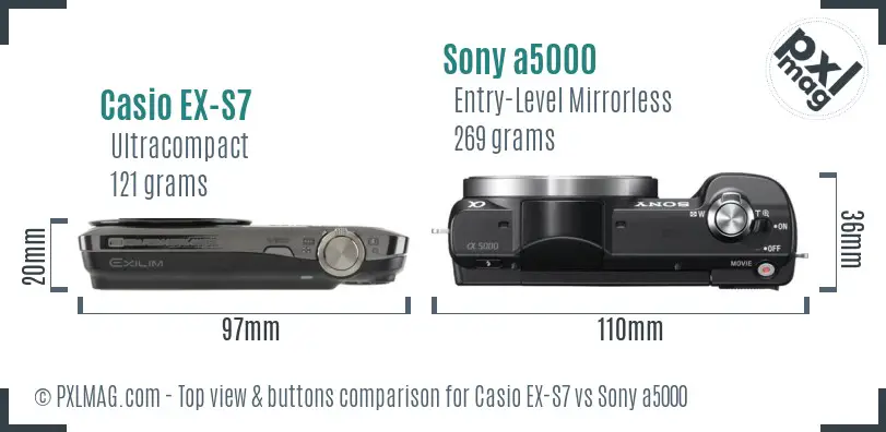 Casio EX-S7 vs Sony a5000 top view buttons comparison