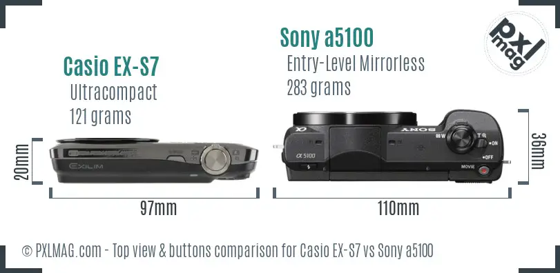 Casio EX-S7 vs Sony a5100 top view buttons comparison