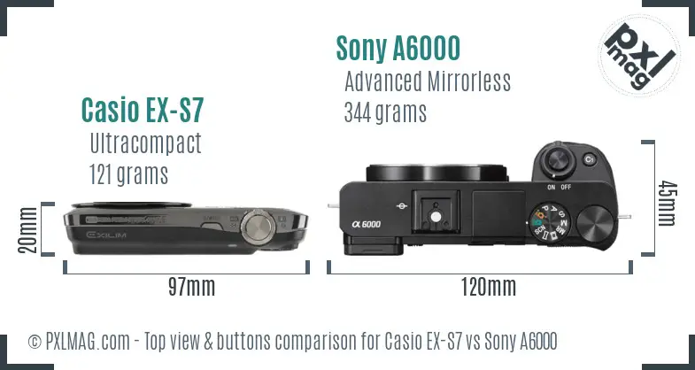 Casio EX-S7 vs Sony A6000 top view buttons comparison