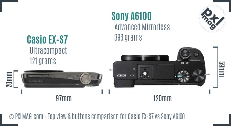 Casio EX-S7 vs Sony A6100 top view buttons comparison