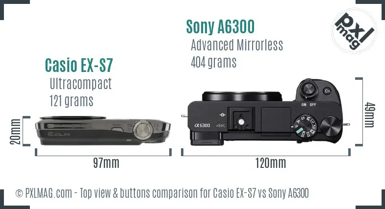 Casio EX-S7 vs Sony A6300 top view buttons comparison