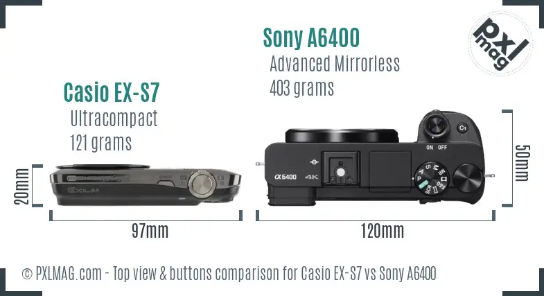 Casio EX-S7 vs Sony A6400 top view buttons comparison