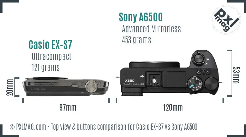 Casio EX-S7 vs Sony A6500 top view buttons comparison
