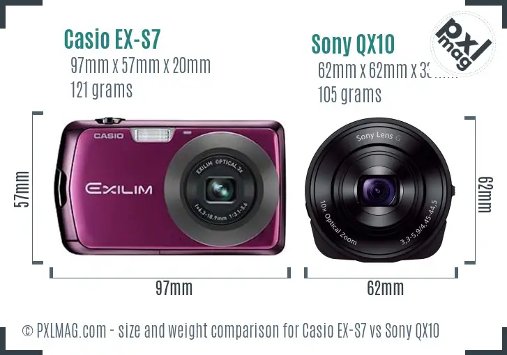 Casio EX-S7 vs Sony QX10 size comparison