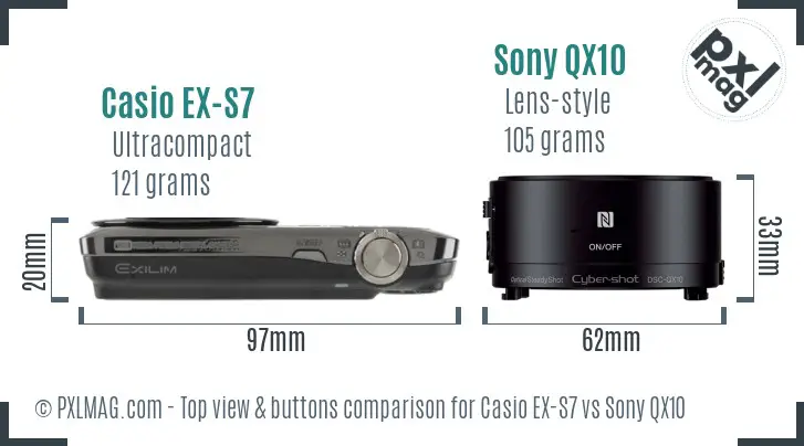 Casio EX-S7 vs Sony QX10 top view buttons comparison