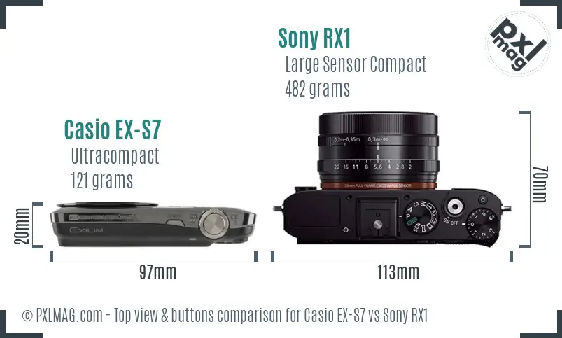 Casio EX-S7 vs Sony RX1 top view buttons comparison