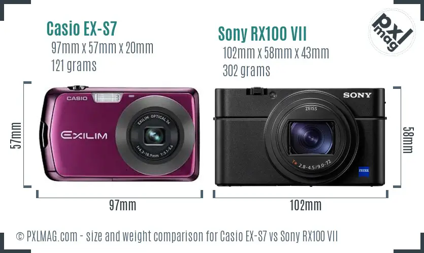 Casio EX-S7 vs Sony RX100 VII size comparison