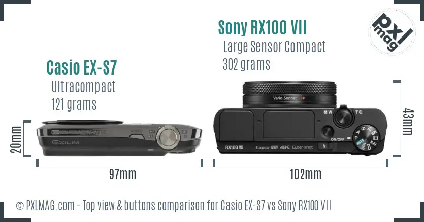 Casio EX-S7 vs Sony RX100 VII top view buttons comparison