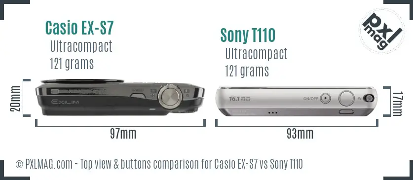 Casio EX-S7 vs Sony T110 top view buttons comparison