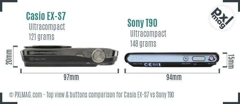 Casio EX-S7 vs Sony T90 top view buttons comparison Casio EX-S7 vs Sony T90 top view buttons comparison