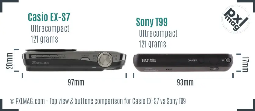 Casio EX-S7 vs Sony T99 top view buttons comparison