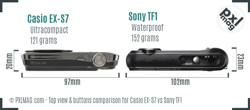 Casio EX-S7 vs Sony TF1 top view buttons comparison