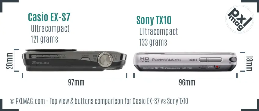 Casio EX-S7 vs Sony TX10 top view buttons comparison