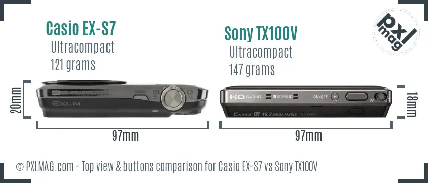 Casio EX-S7 vs Sony TX100V top view buttons comparison