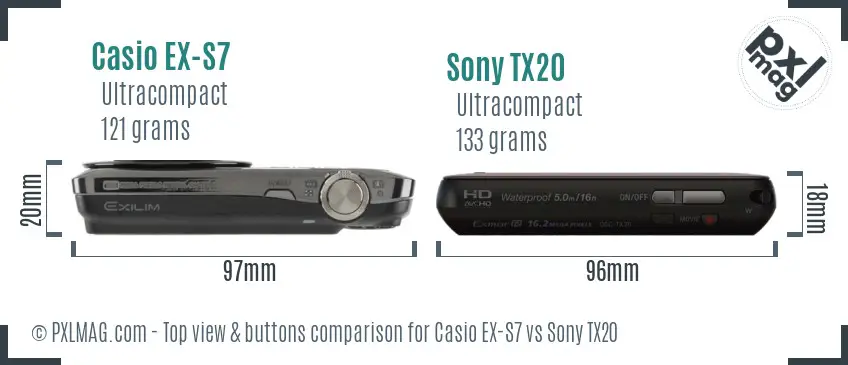 Casio EX-S7 vs Sony TX20 top view buttons comparison