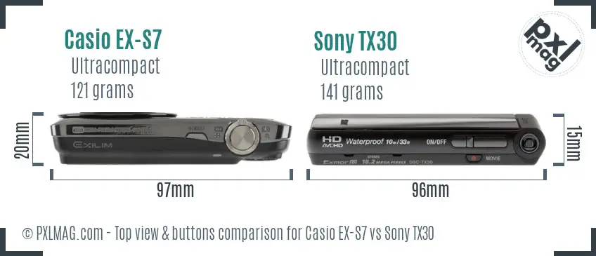 Casio EX-S7 vs Sony TX30 top view buttons comparison