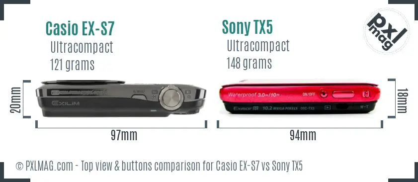 Casio EX-S7 vs Sony TX5 top view buttons comparison