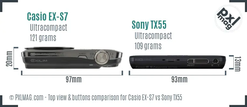 Casio EX-S7 vs Sony TX55 top view buttons comparison