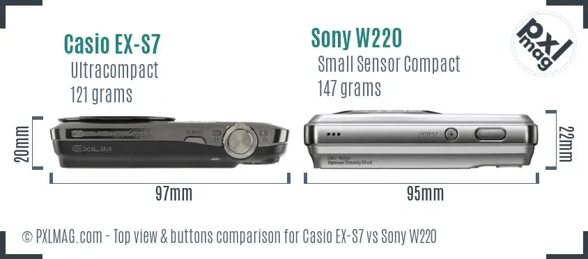 Casio EX-S7 vs Sony W220 top view buttons comparison Casio EX-S7 vs Sony W220 top view buttons comparison