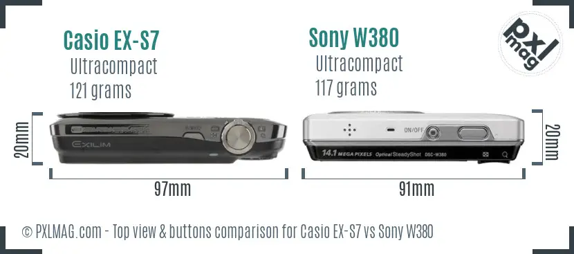 Casio EX-S7 vs Sony W380 top view buttons comparison Casio EX-S7 vs Sony W380 top view buttons comparison