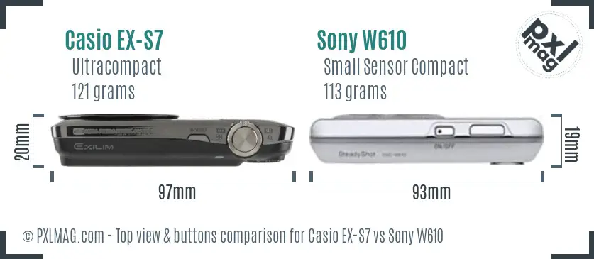 Casio EX-S7 vs Sony W610 top view buttons comparison Casio EX-S7 vs Sony W610 top view buttons comparison