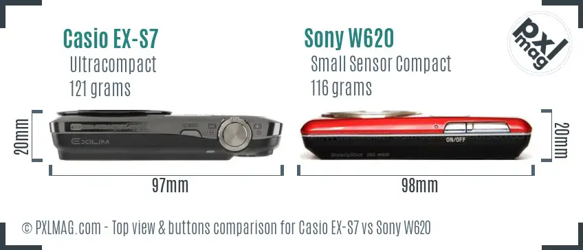 Casio EX-S7 vs Sony W620 top view buttons comparison