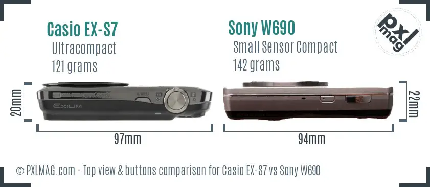 Casio EX-S7 vs Sony W690 top view buttons comparison Casio EX-S7 vs Sony W690 top view buttons comparison