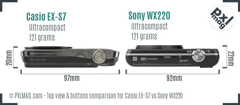 Casio EX-S7 vs Sony WX220 top view buttons comparison