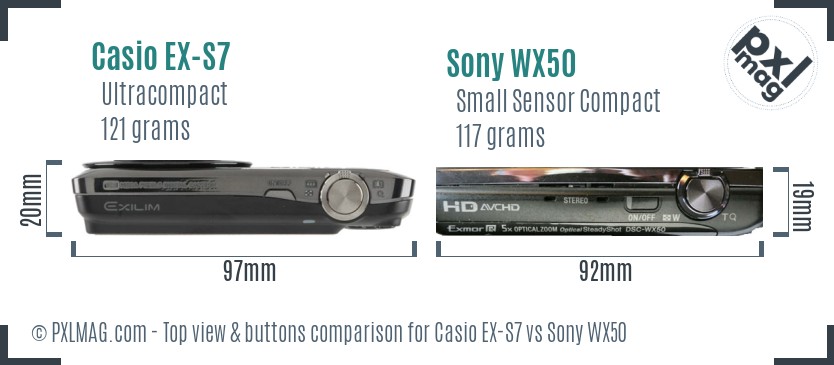 Casio EX-S7 vs Sony WX50 top view buttons comparison