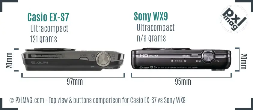 Casio EX-S7 vs Sony WX9 top view buttons comparison Casio EX-S7 vs Sony WX9 top view buttons comparison