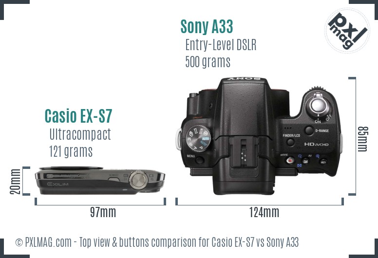 Casio EX-S7 vs Sony A33 top view buttons comparison