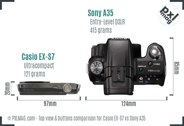 Casio EX-S7 vs Sony A35 top view buttons comparison