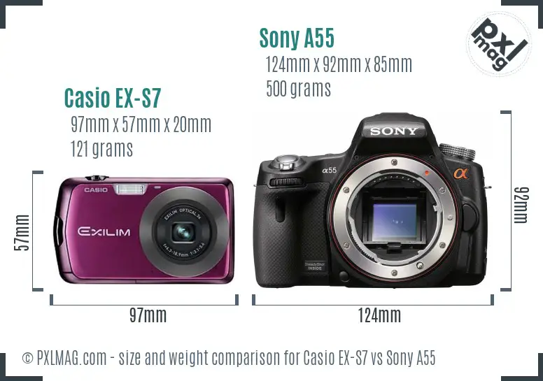 Casio EX-S7 vs Sony A55 size comparison Casio EX-S7 vs Sony A55 size comparison