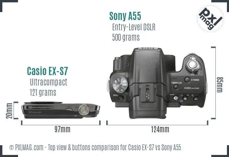 Casio EX-S7 vs Sony A55 top view buttons comparison Casio EX-S7 vs Sony A55 top view buttons comparison