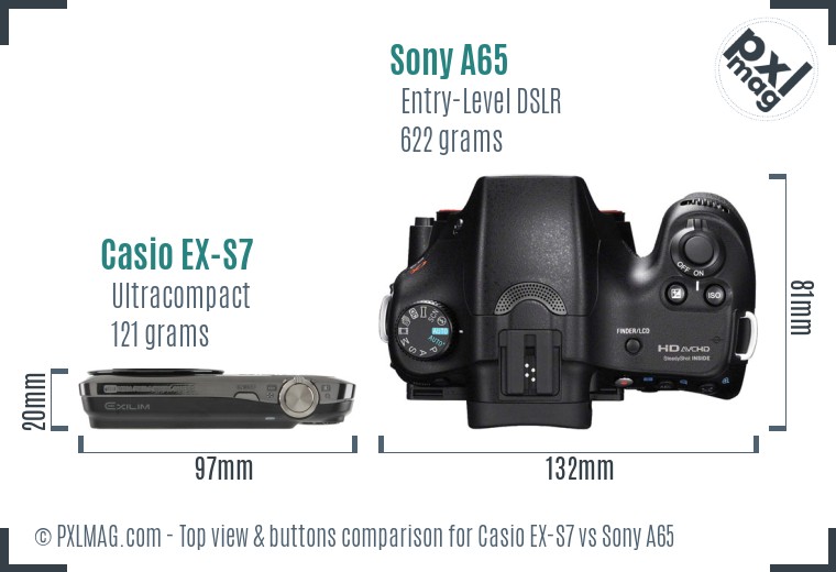 Casio EX-S7 vs Sony A65 top view buttons comparison