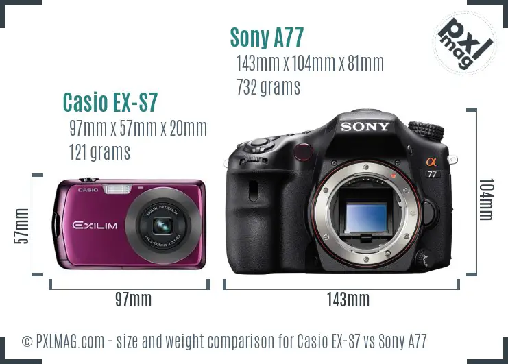 Casio EX-S7 vs Sony A77 size comparison